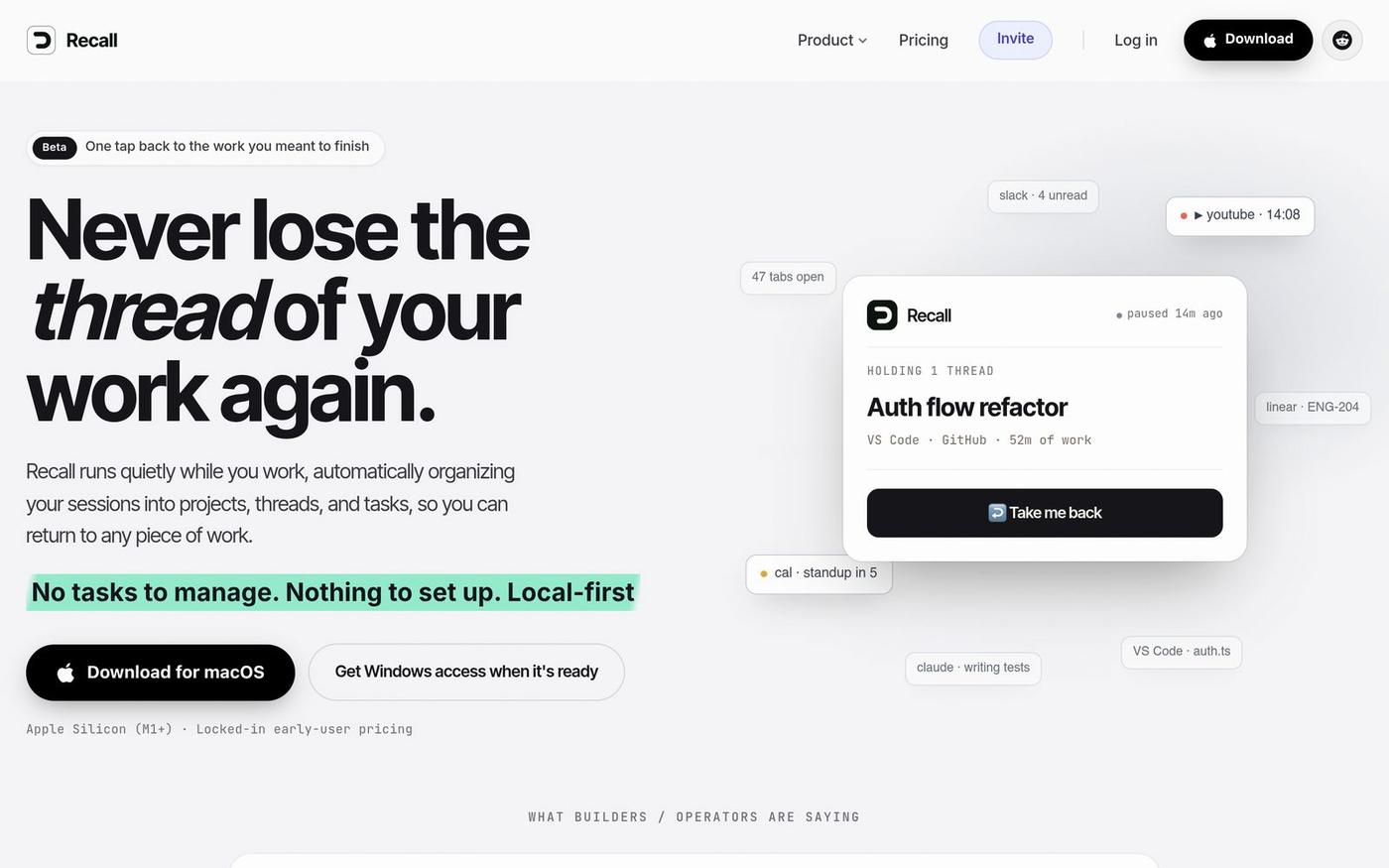 Recall | AI memory for your work sessions — screenshot