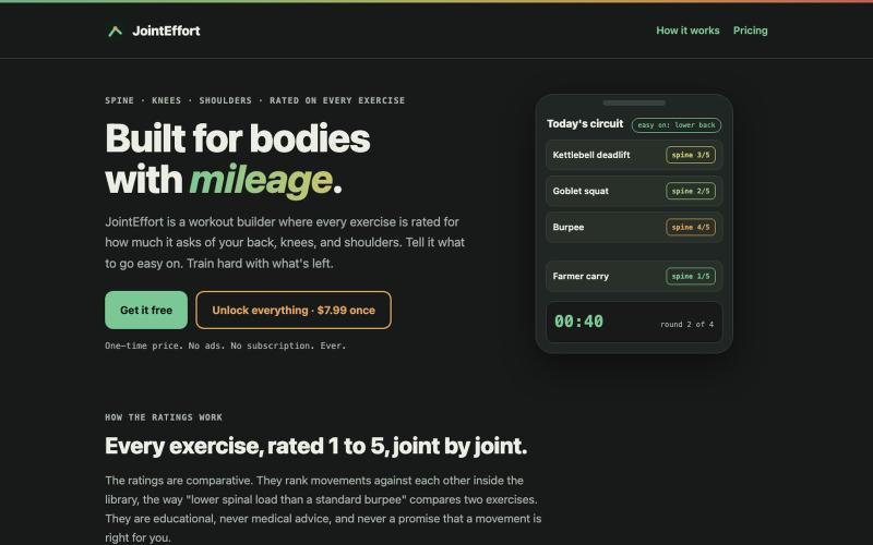 JointEffort - train hard around a tweaky back or bad knee — screenshot