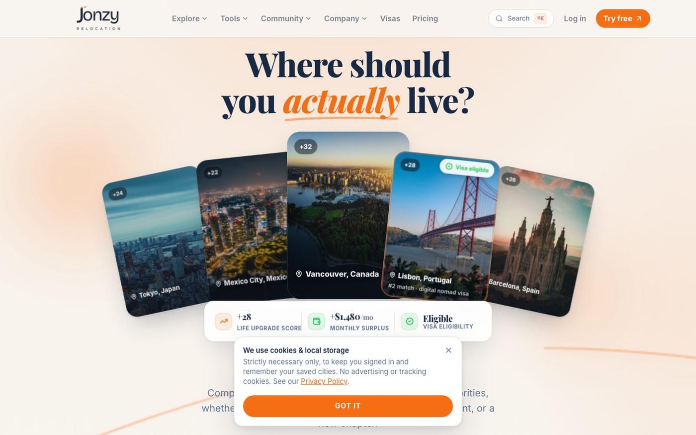 Jonzy — Relocation Planner & City Rankings — screenshot