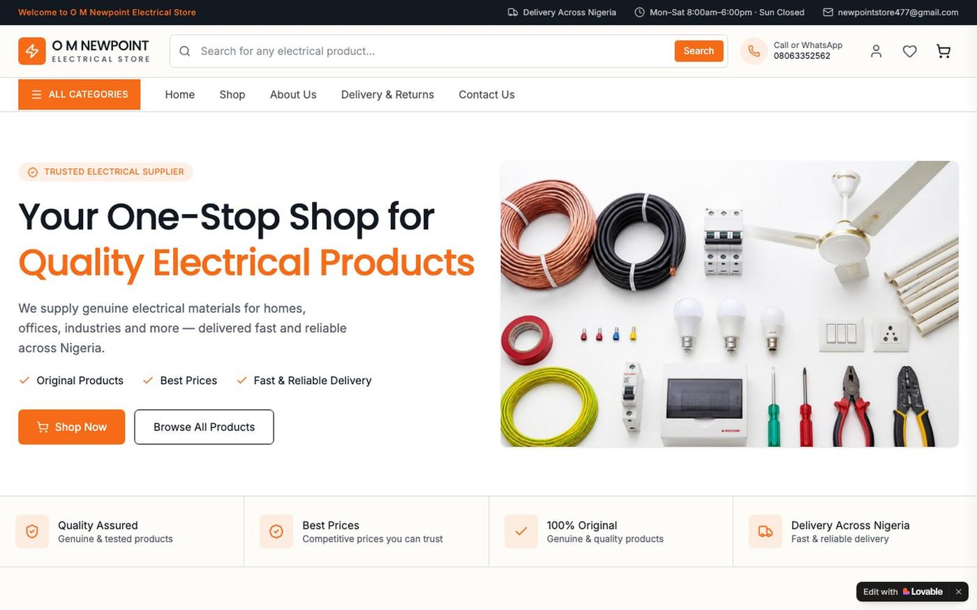 O M Newpoint Electrical Store — Quality Electrical Products in Nigeria — screenshot