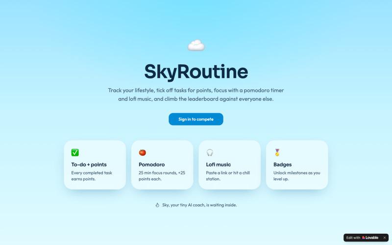 SkyRoutine — Lifestyle Tracker, Points & Focus Timer — screenshot