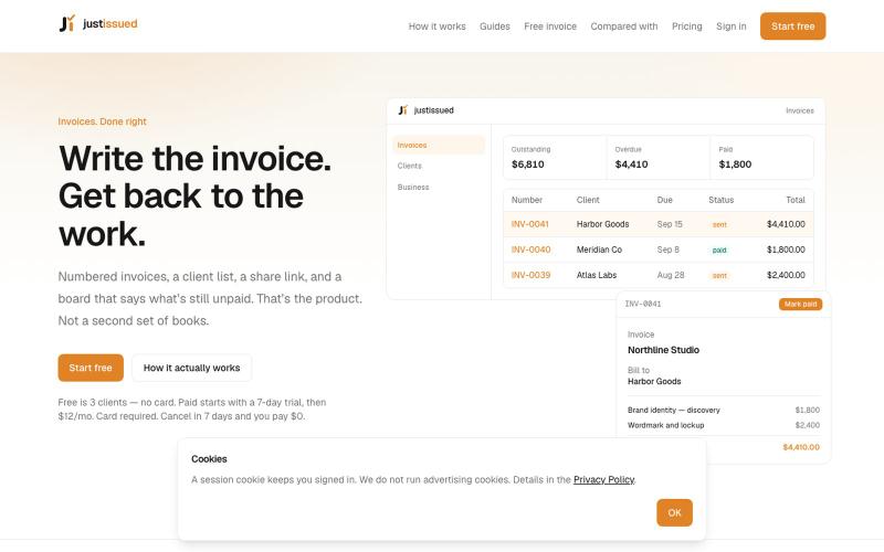 justIssued — invoices for solo operators — screenshot