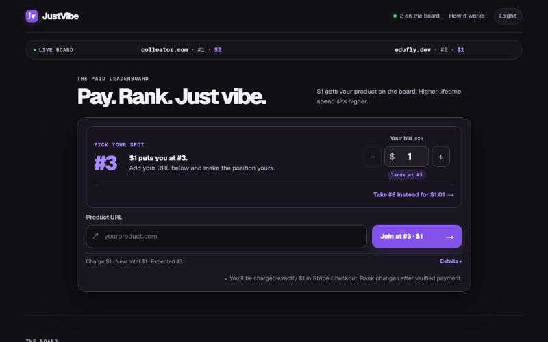 JustVibe — Pay. Rank. Just vibe. — screenshot