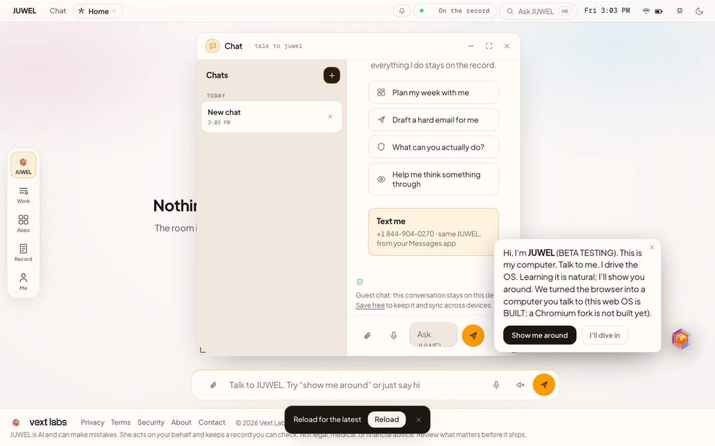 JUWEL OS: her own computer · Vext Labs — screenshot