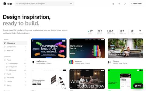 Design inspiration, ready to build · Kage — screenshot
