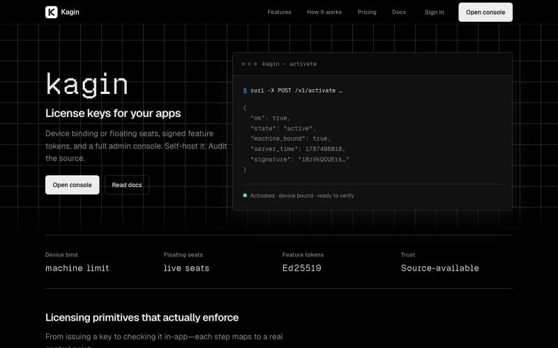 Kagin — Source-available app licensing — screenshot