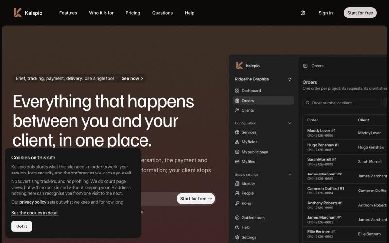 Kalepio, client briefs and project tracking for freelancers — screenshot