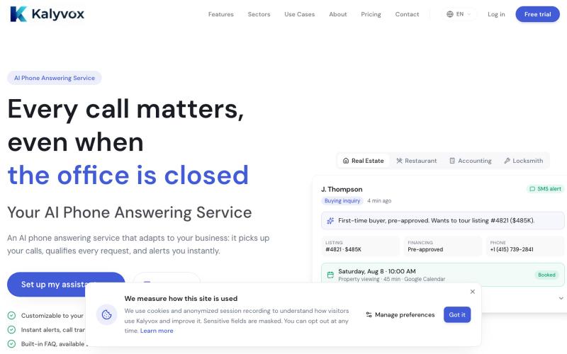 AI Phone Receptionist that Qualifies Every Call | Kalyvox — screenshot