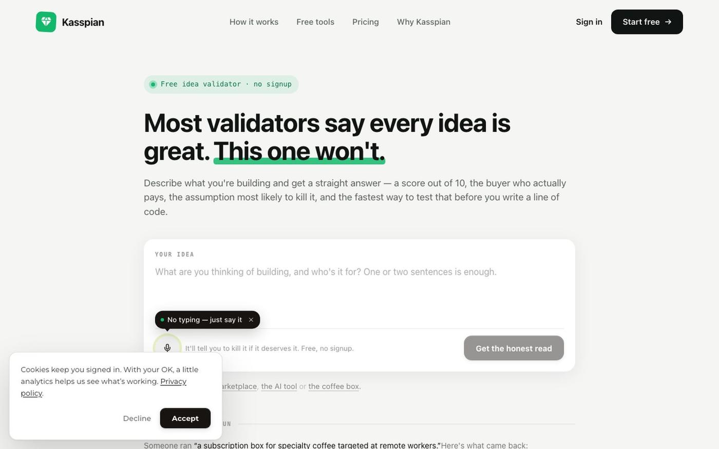 Free Idea Validator — Honest Startup Validation · Kasspian — screenshot