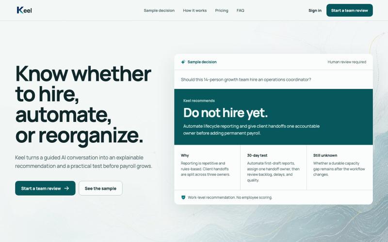 Keel | AI workforce decisions — screenshot