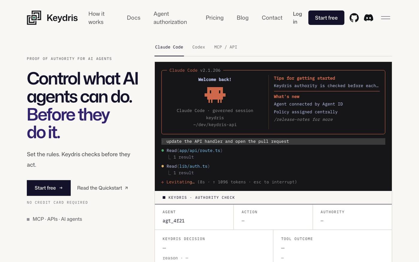 Keydris | Authorization Infrastructure for AI Agents — screenshot