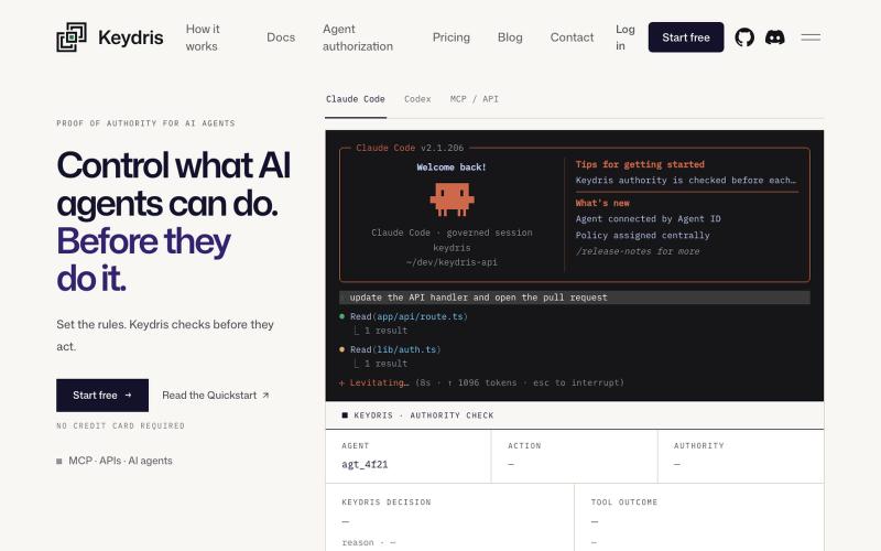 Keydris | Authorization Infrastructure for AI Agents — screenshot