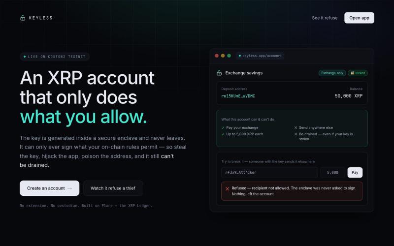 Keyless — an XRP account that only does what you allow — screenshot