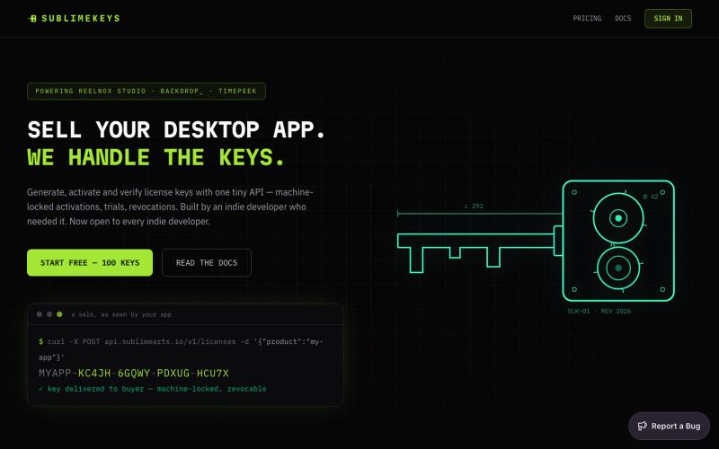 SublimeKeys — License keys for indie desktop apps — screenshot