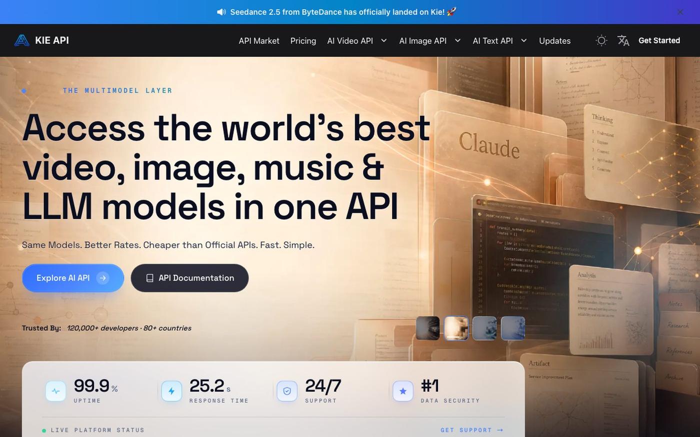 One API for All the Best AI Models – Try Affordable AI API on Kie.ai — screenshot