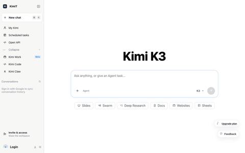 Kimi K3 AI Workspace | Kimi 3 Agent, Research, Docs and Code — screenshot