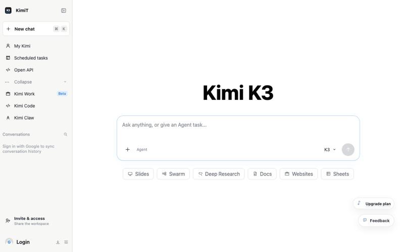 Kimi K3 AI Workspace | Kimi 3 Agent, Research, Docs and Code — screenshot