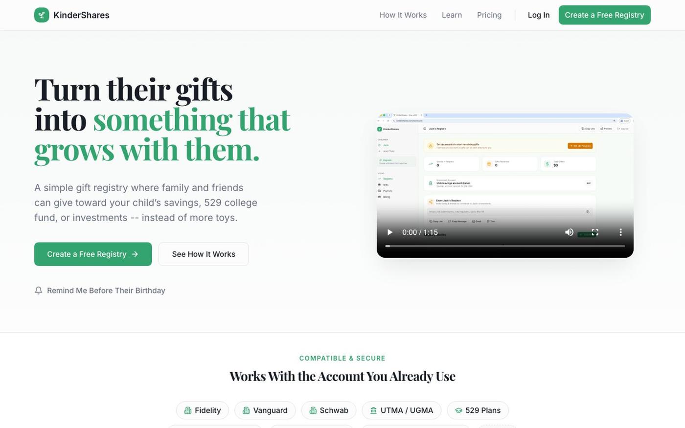 KinderShares — Give a Gift That Grows — screenshot