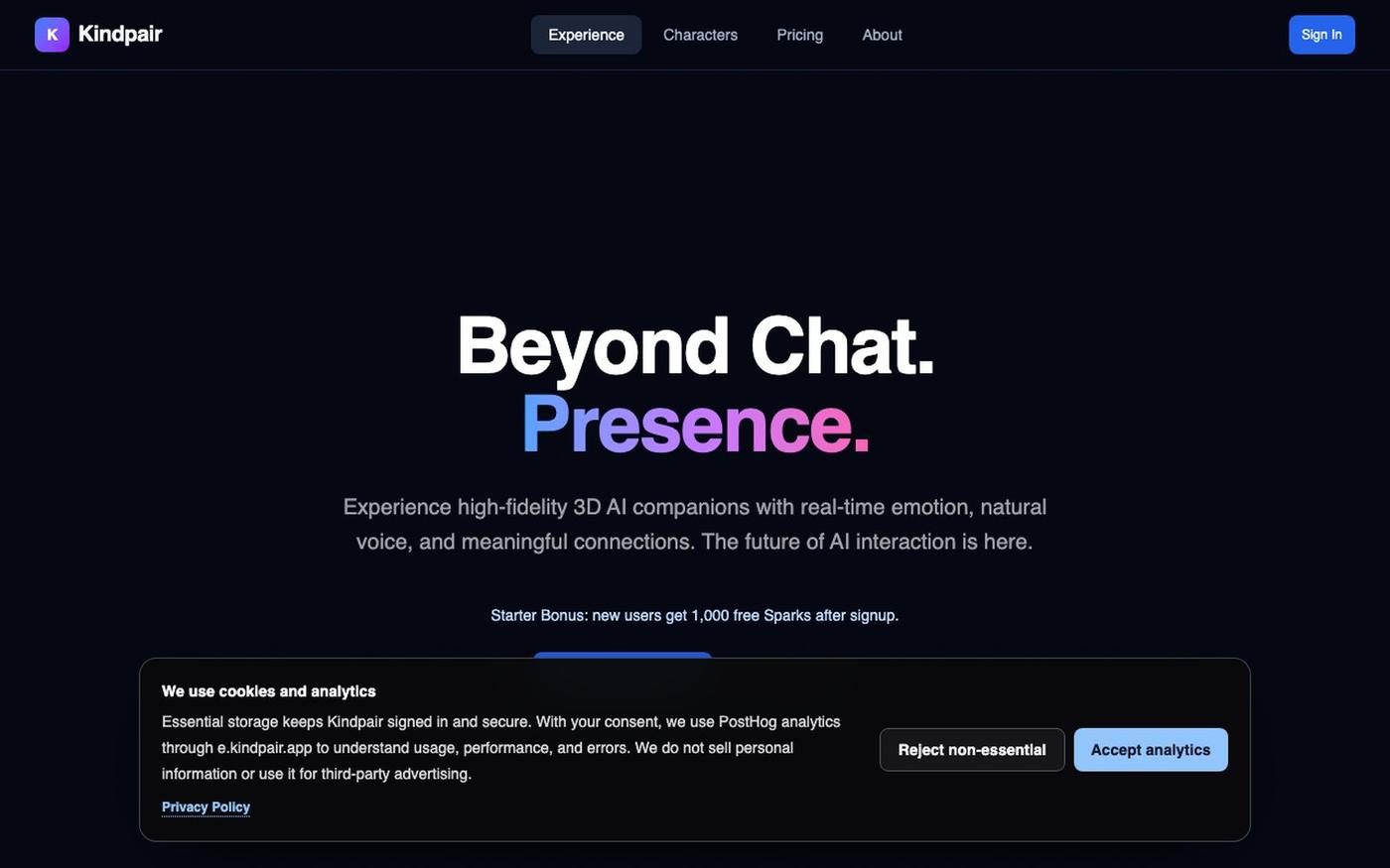 Kindpair | AI Companion Experience — screenshot