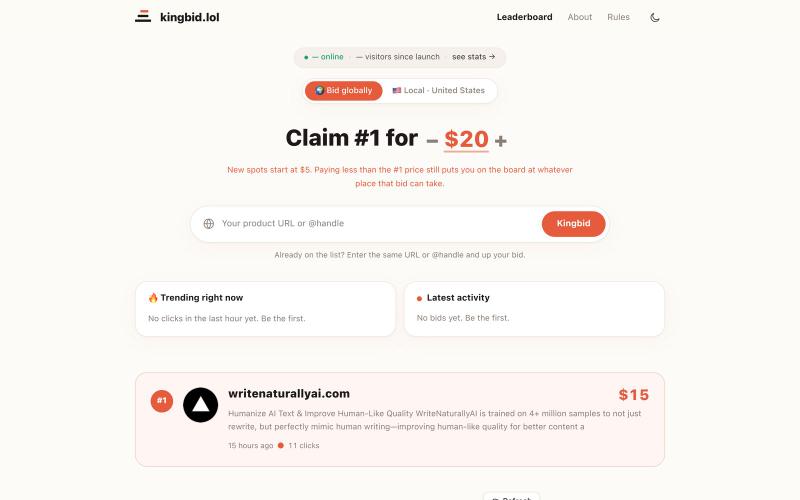 kingbid.lol — the leaderboard money can buy — screenshot
