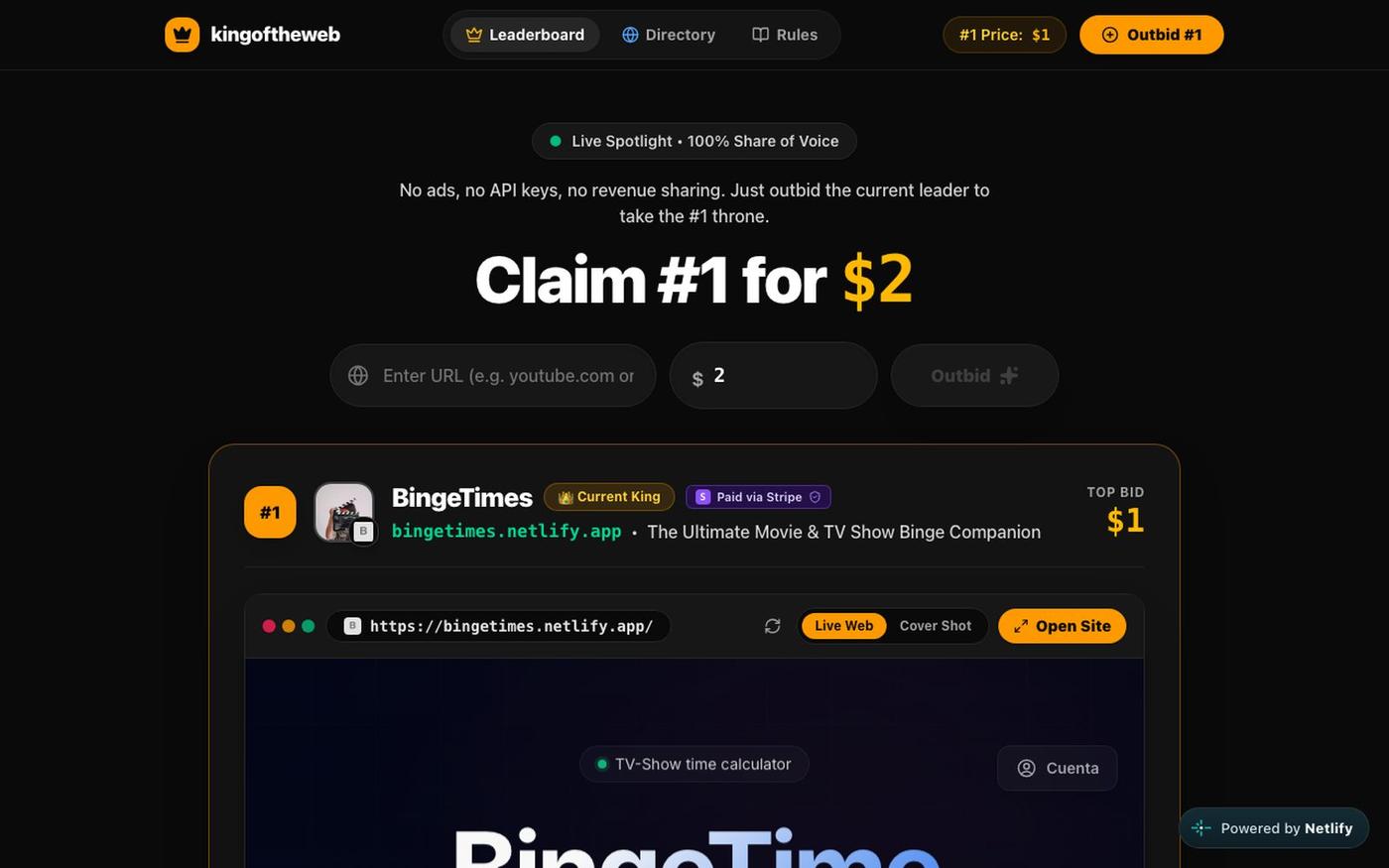 King of the Web — Sovereign Billboard & Leaderboard — screenshot
