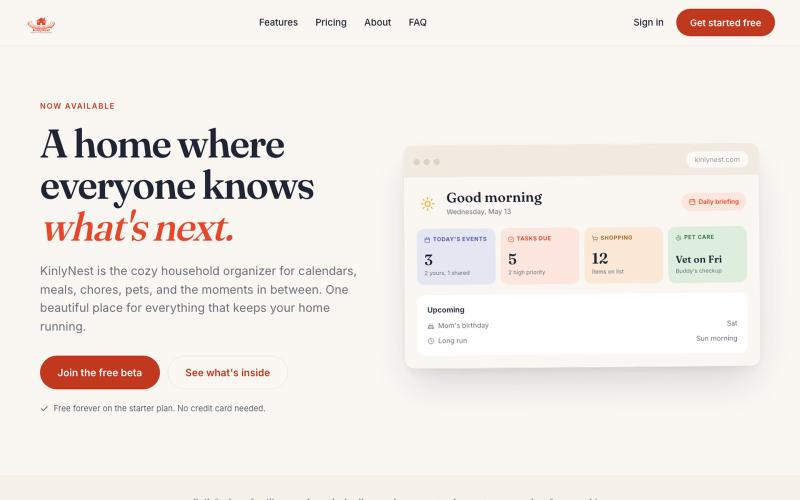 KinlyNest: A home where everyone knows what's next — screenshot