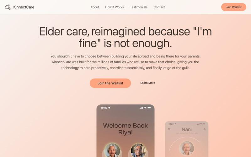 KinnectCare - Elder Care Platform for Diaspora Families | Video Calls & Wellness — screenshot