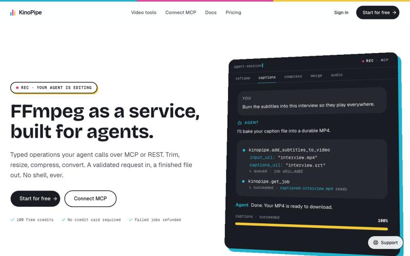 KinoPipe — FFmpeg as a service for agents — screenshot