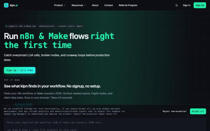 Free n8n & Make workflow optimization | kipn.ai — screenshot
