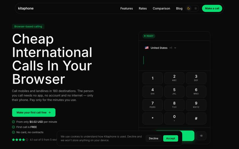 Kitaphone - cheap international calls from your browser — screenshot