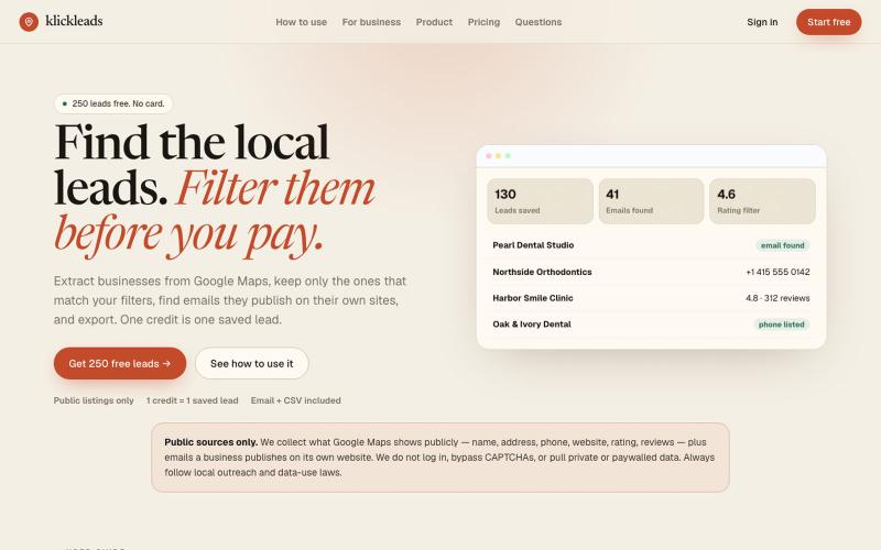 klickleads — Google Maps lead extractor | emails, CSV, 250 free — screenshot