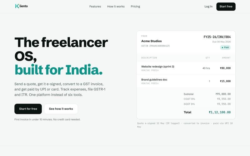 GST Invoicing & Payments for Indian Freelancers | Kliento — screenshot