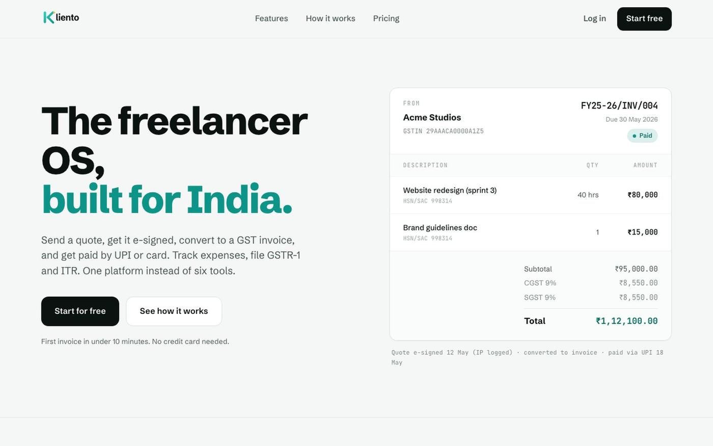 GST Invoicing & Payments for Indian Freelancers | Kliento — screenshot