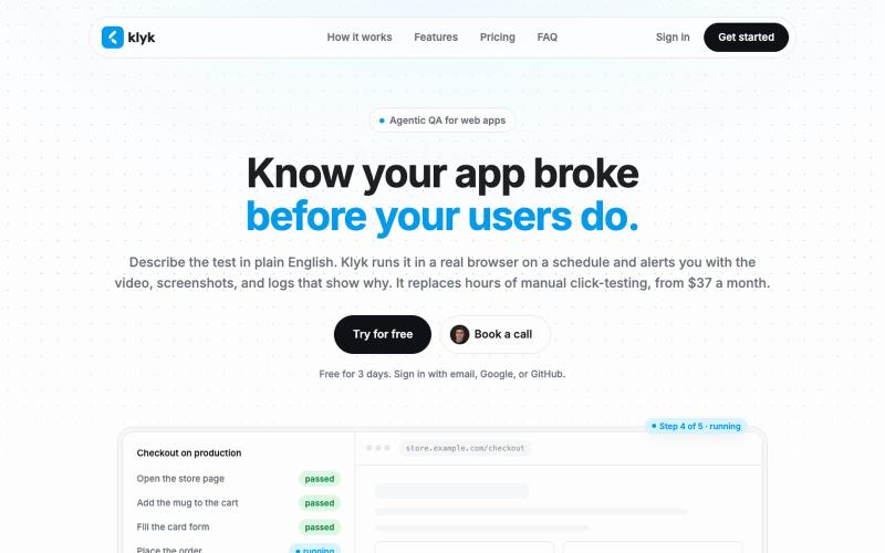 Klyk | AI end-to-end testing in plain English — screenshot