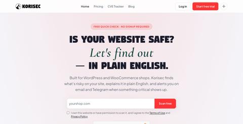 Korisec — Website security for small businesses — screenshot