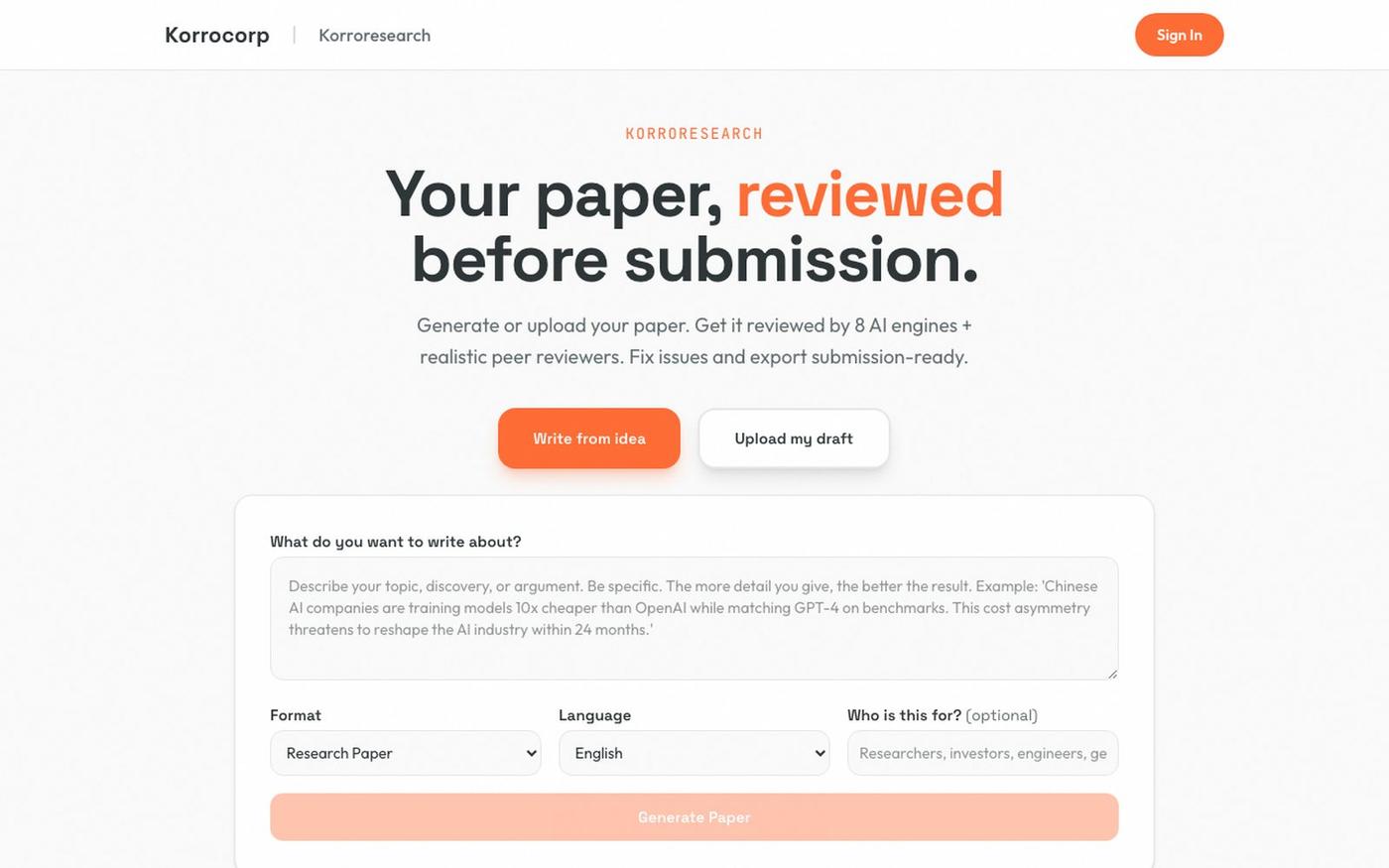 Korroresearch — AI Paper Generator & Reviewer — screenshot