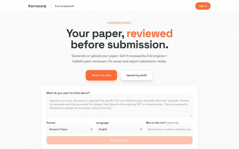Korroresearch — AI Paper Generator & Reviewer — screenshot