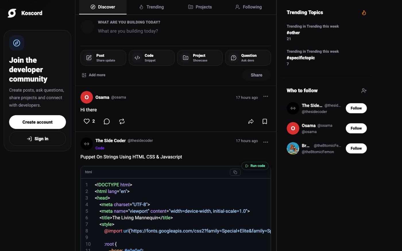 Koscord — a social network built for developers — screenshot
