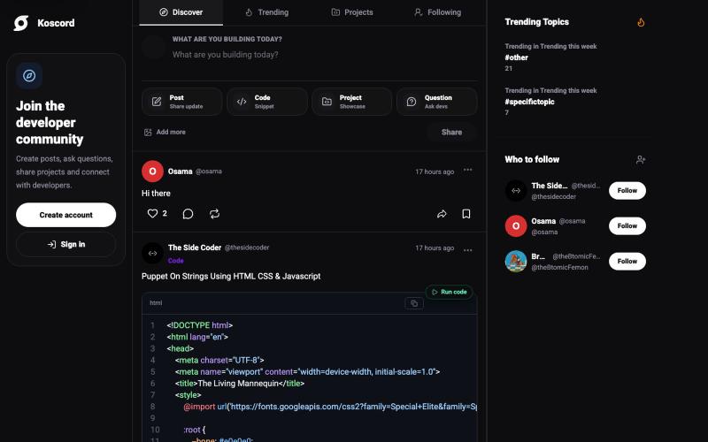 Koscord — a social network built for developers — screenshot