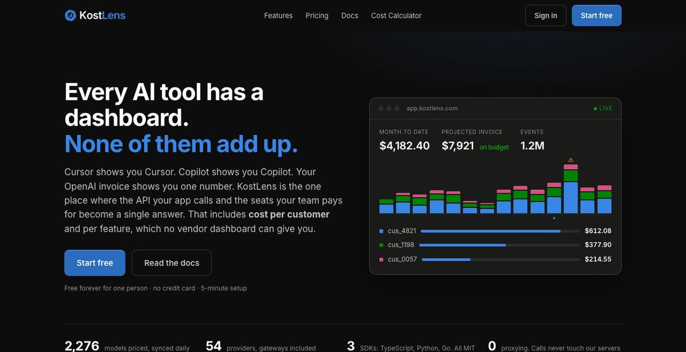 KostLens · All your AI spend in one place, per customer — screenshot