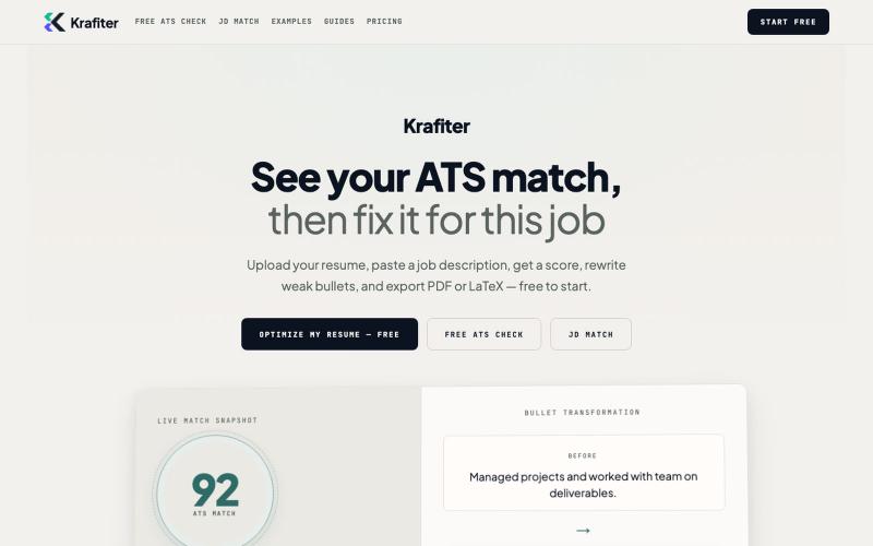 AI ATS Resume Optimizer | Tailor to Job | Krafiter — screenshot