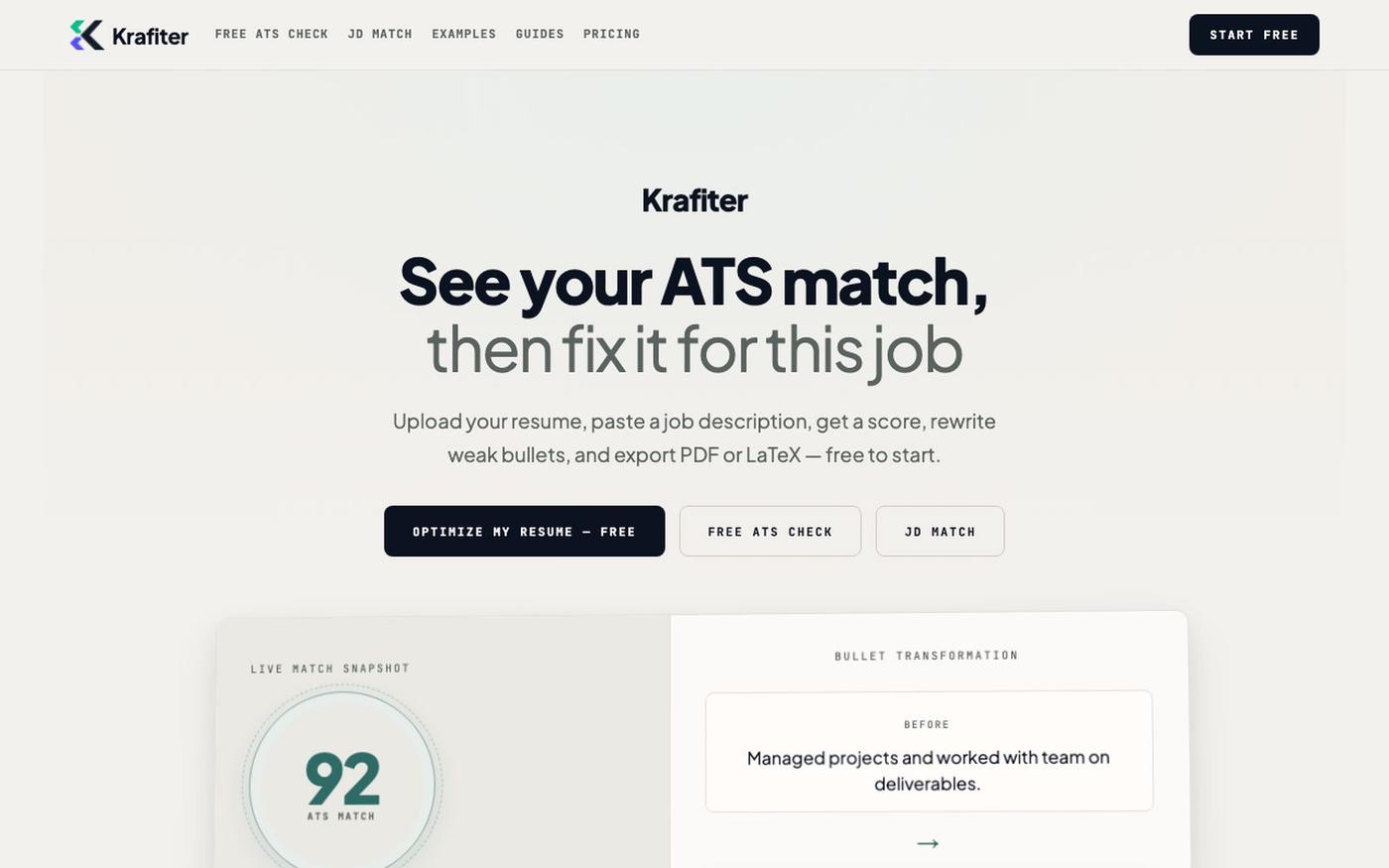 AI ATS Resume Optimizer | Tailor to Job | Krafiter — screenshot