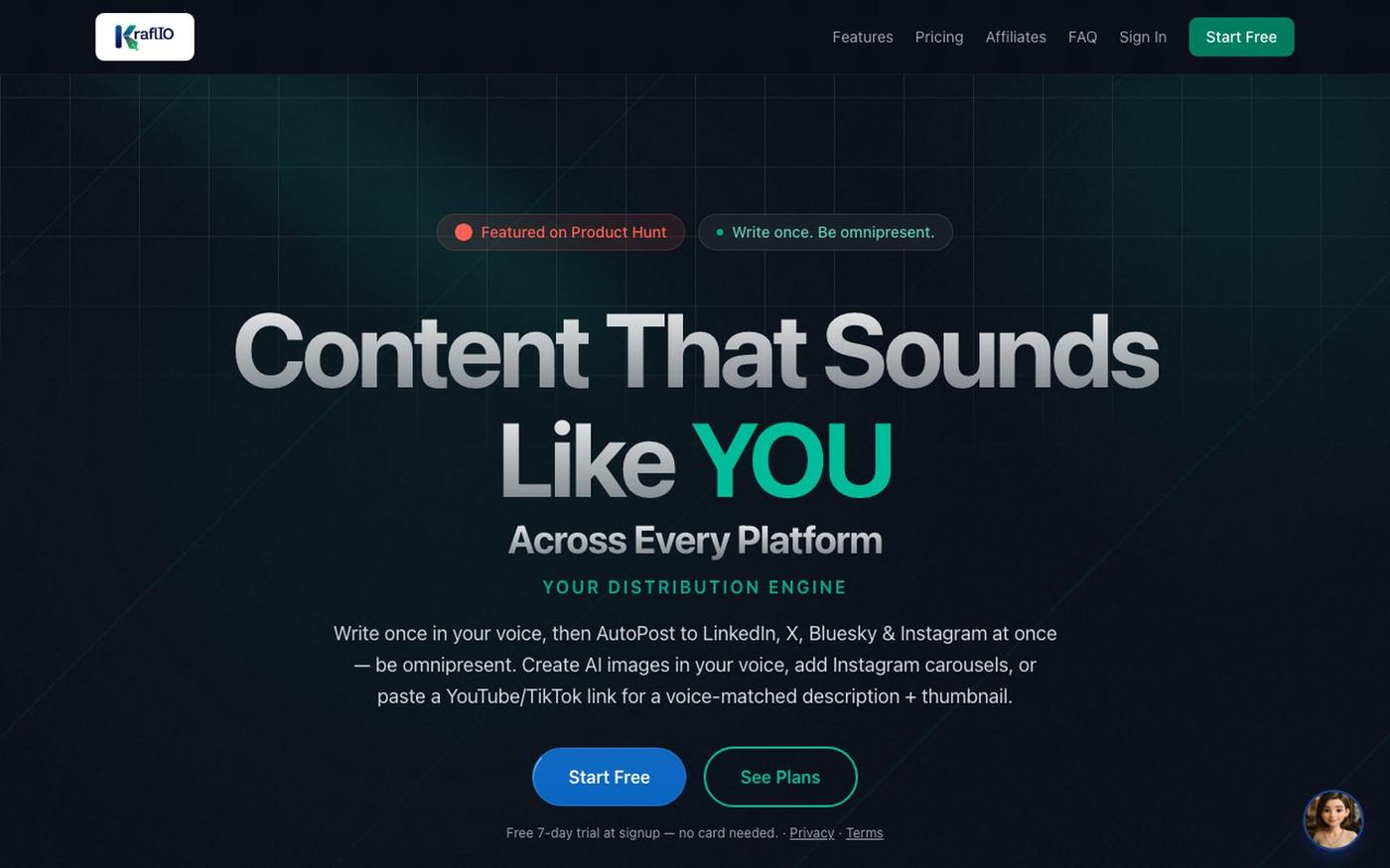 AI Content Generator for LinkedIn, YouTube, Instagram, TikTok, X & Bluesky | Kra — screenshot