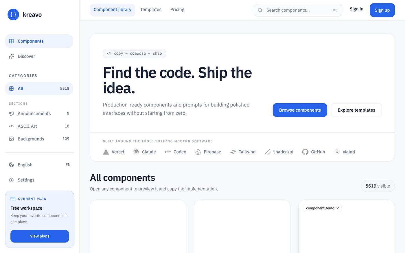 Kreavo — React Components & UI Templates — screenshot