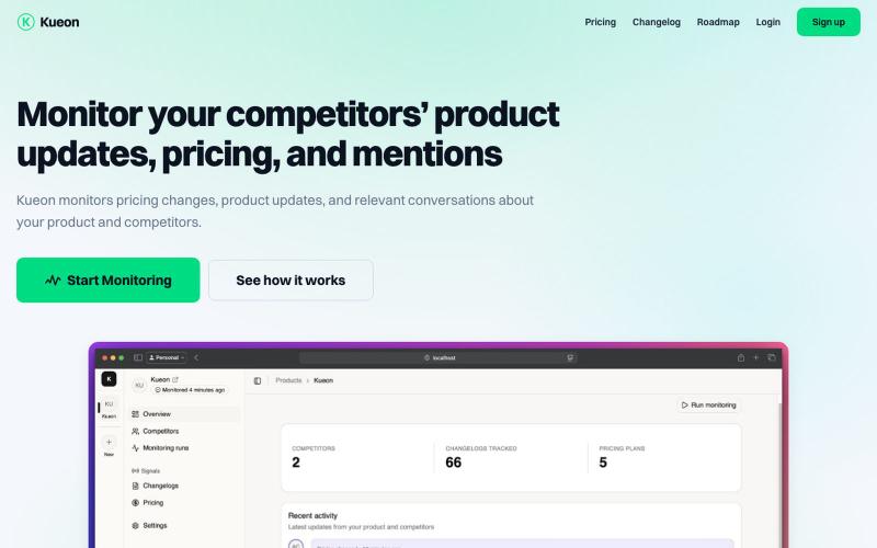 Kueon - Competitor Product Updates, Pricing & Mentions — screenshot