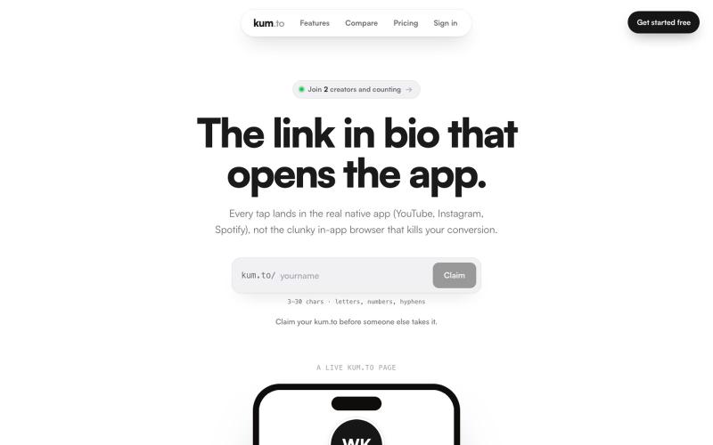 Kum.to: a better link in bio — screenshot
