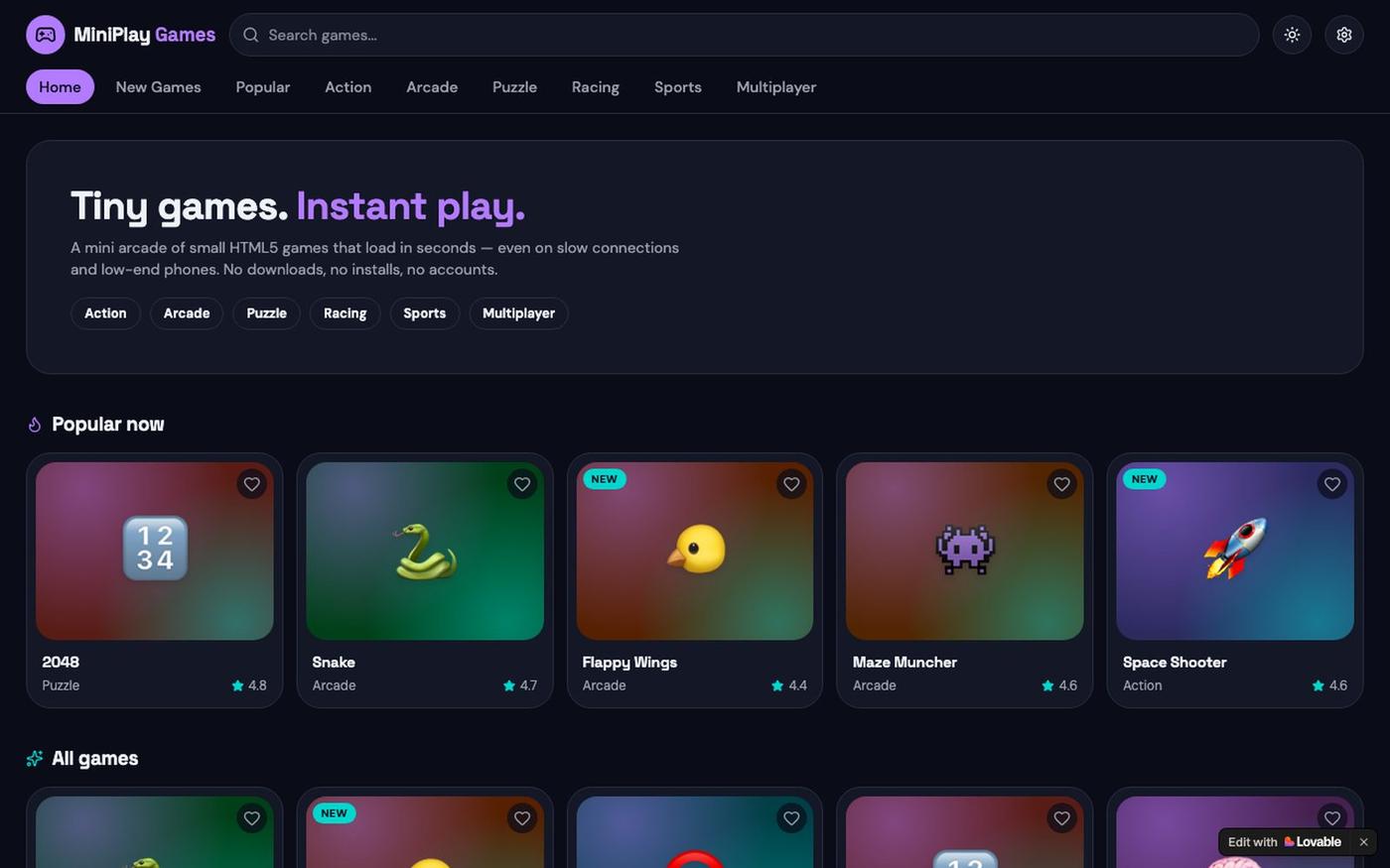 MiniPlay Games — Free Small Browser Games, Instant Play — screenshot