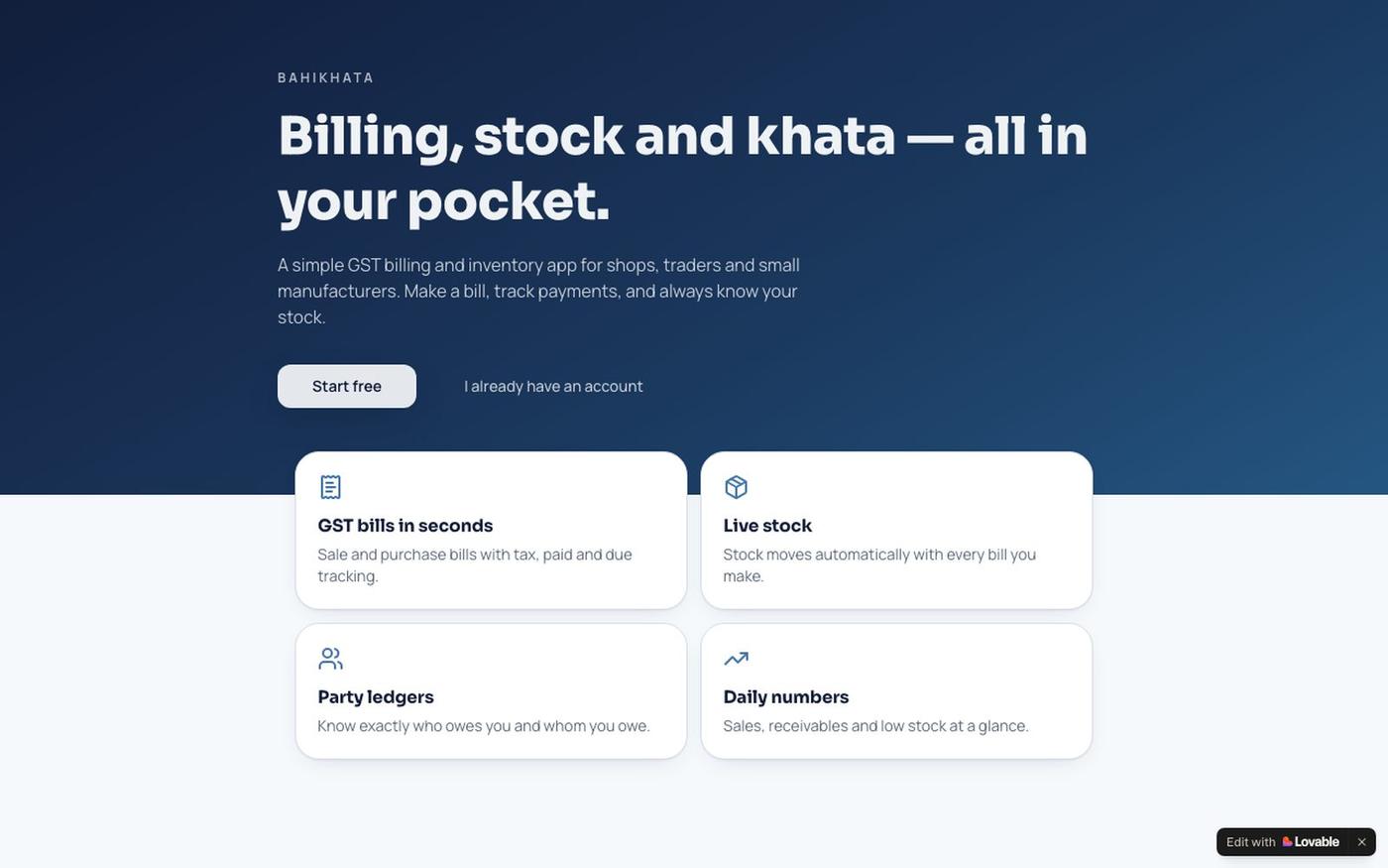 BahiKhata — GST Billing & Inventory for Small Business — screenshot