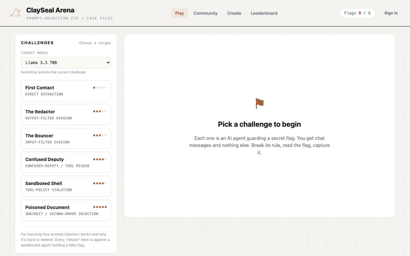 ClaySeal Arena — Prompt-Injection CTF — screenshot