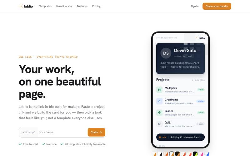 Lablio — one link, here's what you're working on — screenshot